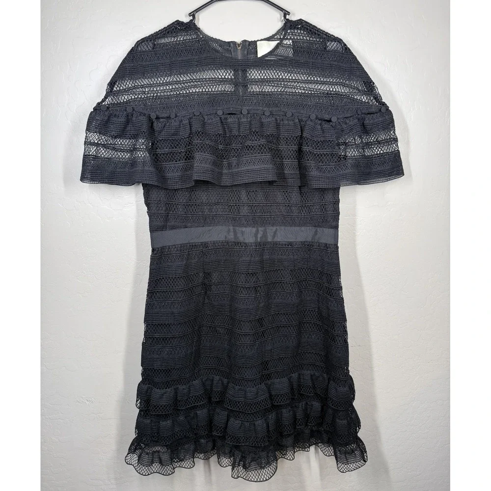 Mare Mare Black Lace Ruffle Tiered Short Sleeve Cocktail‎ Dress Party Womens S/M